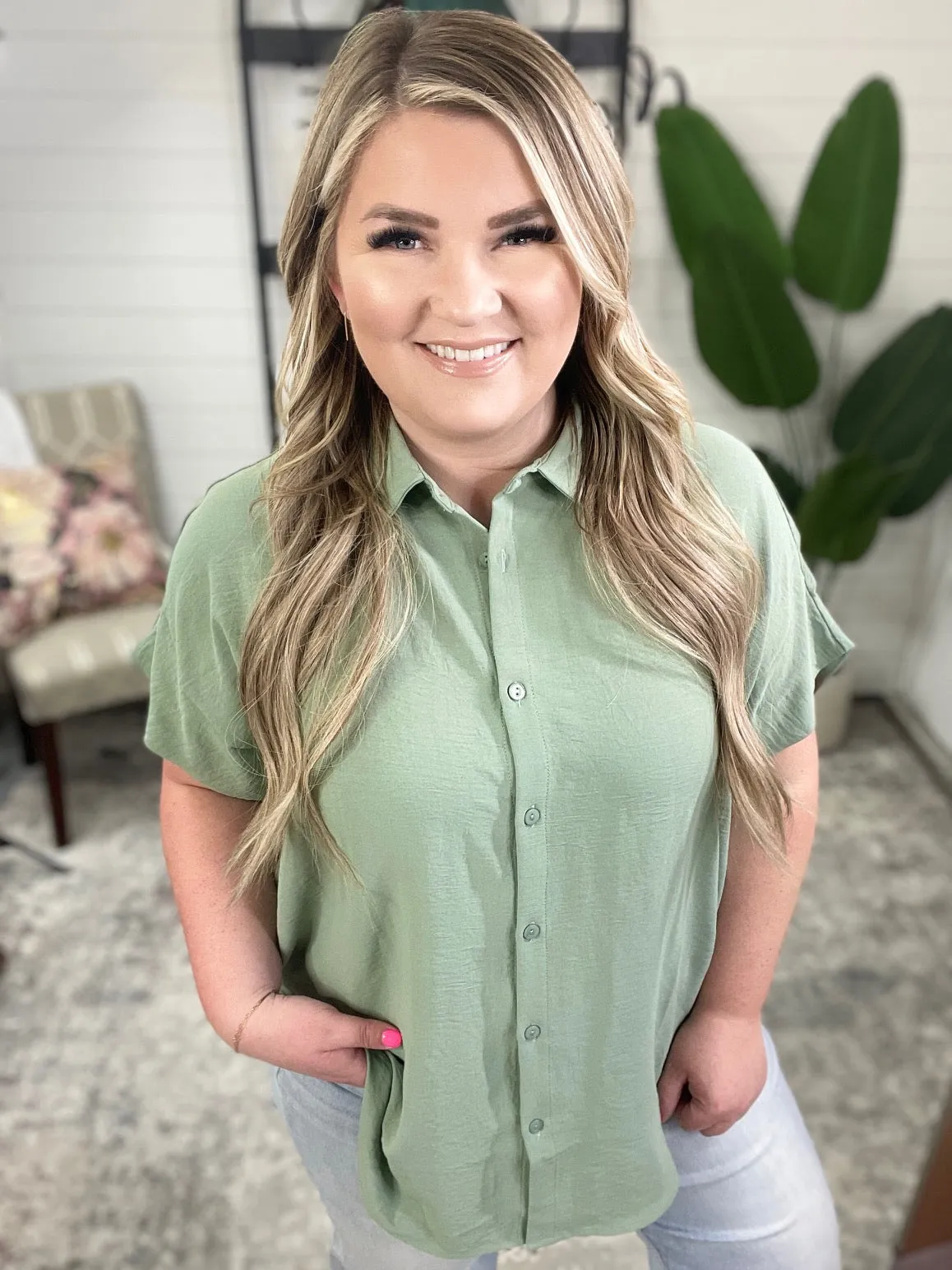 Sweet Simplicity Button Down Blouse in Sage