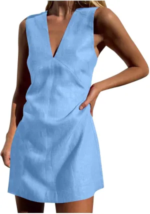 Tank Dresses for Women Summer Casual Loose Fit V Neck Sleeveless Sundress Trendy Solid Beach Vacation Mini Dress