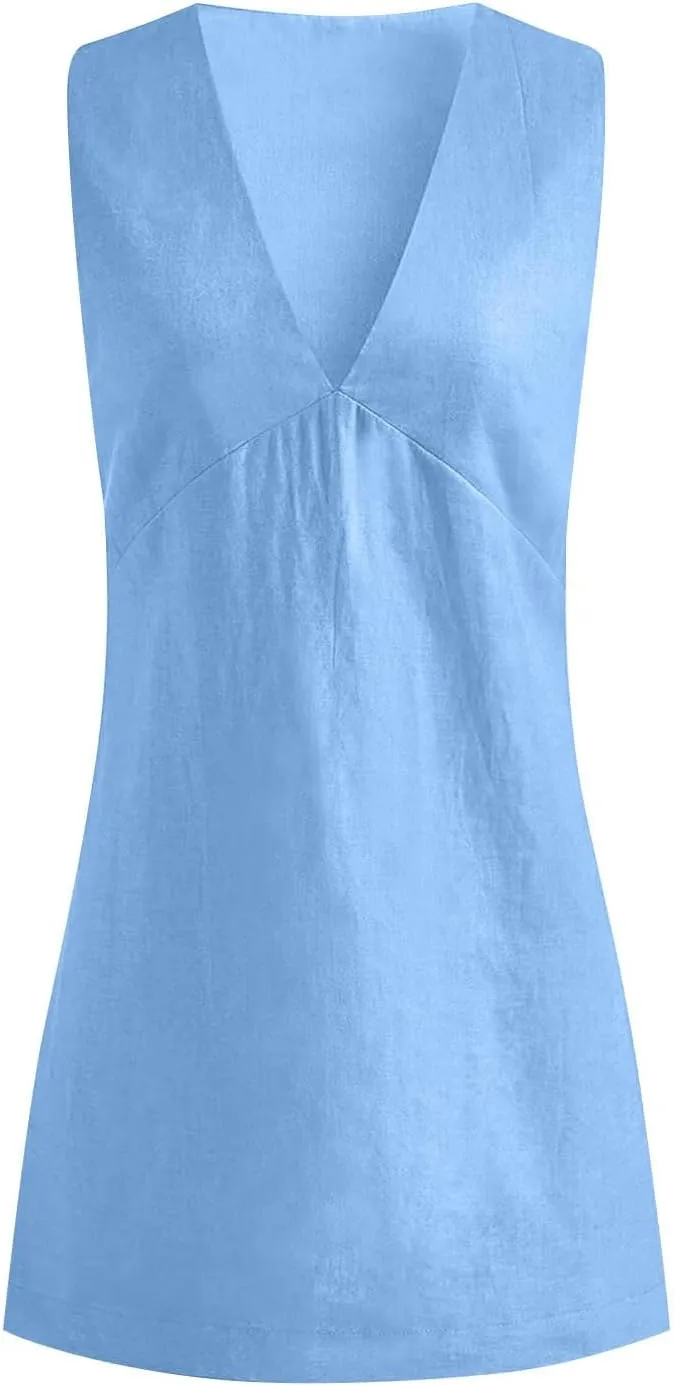 Tank Dresses for Women Summer Casual Loose Fit V Neck Sleeveless Sundress Trendy Solid Beach Vacation Mini Dress