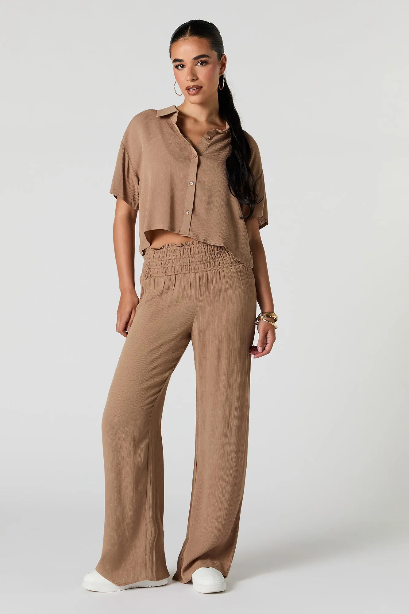 Textured Cropped Button-Up Top
