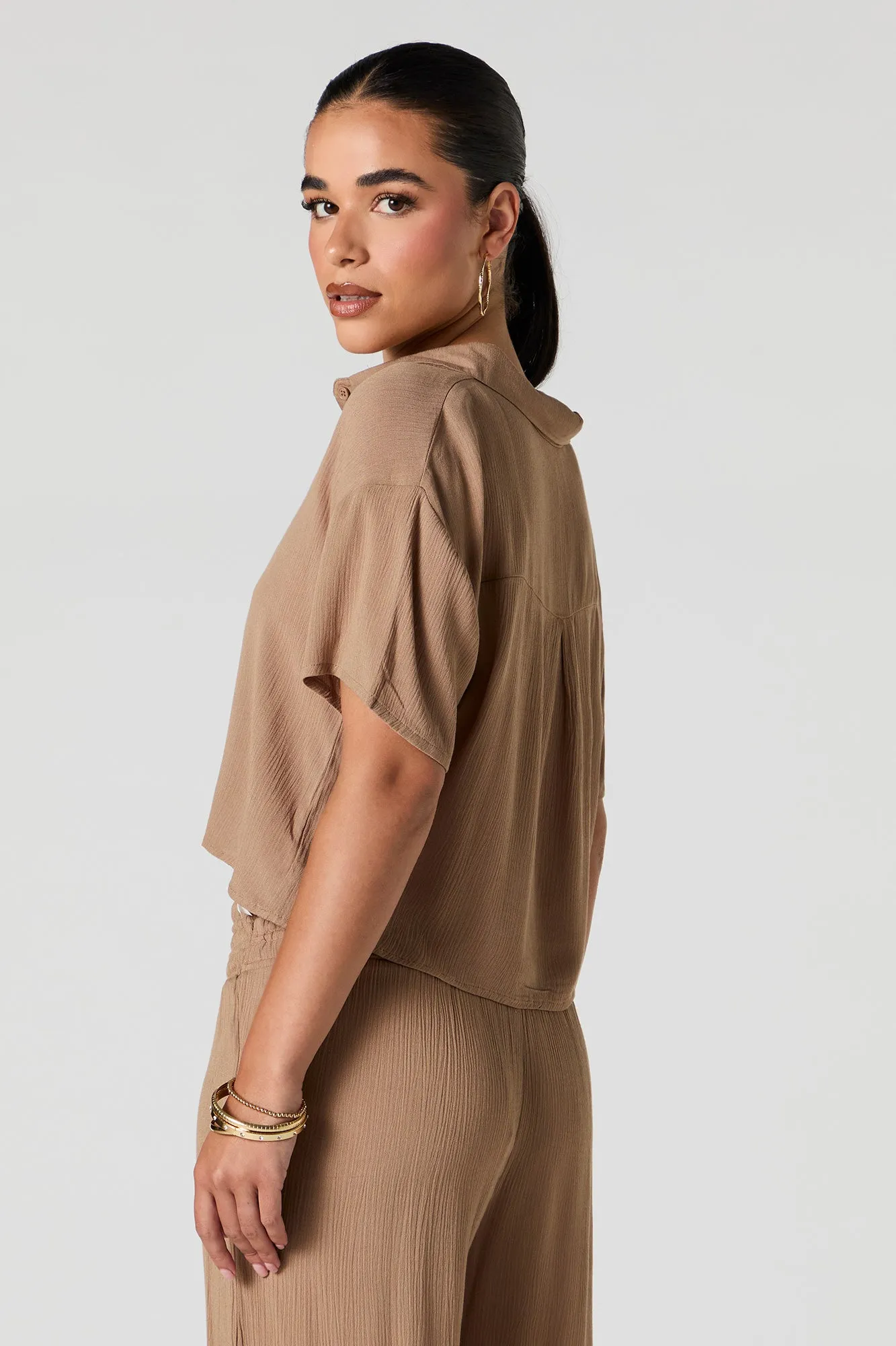 Textured Cropped Button-Up Top