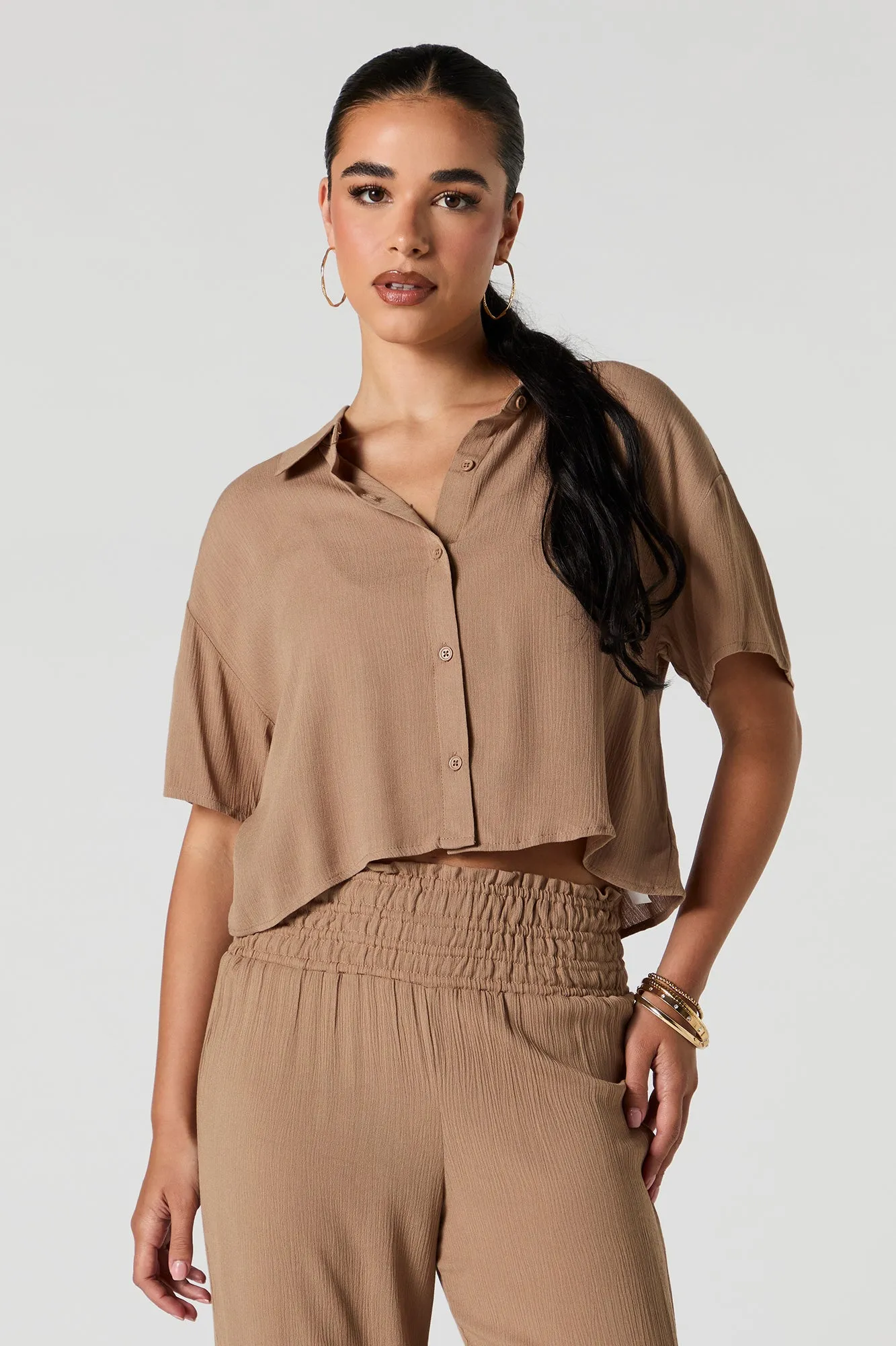 Textured Cropped Button-Up Top