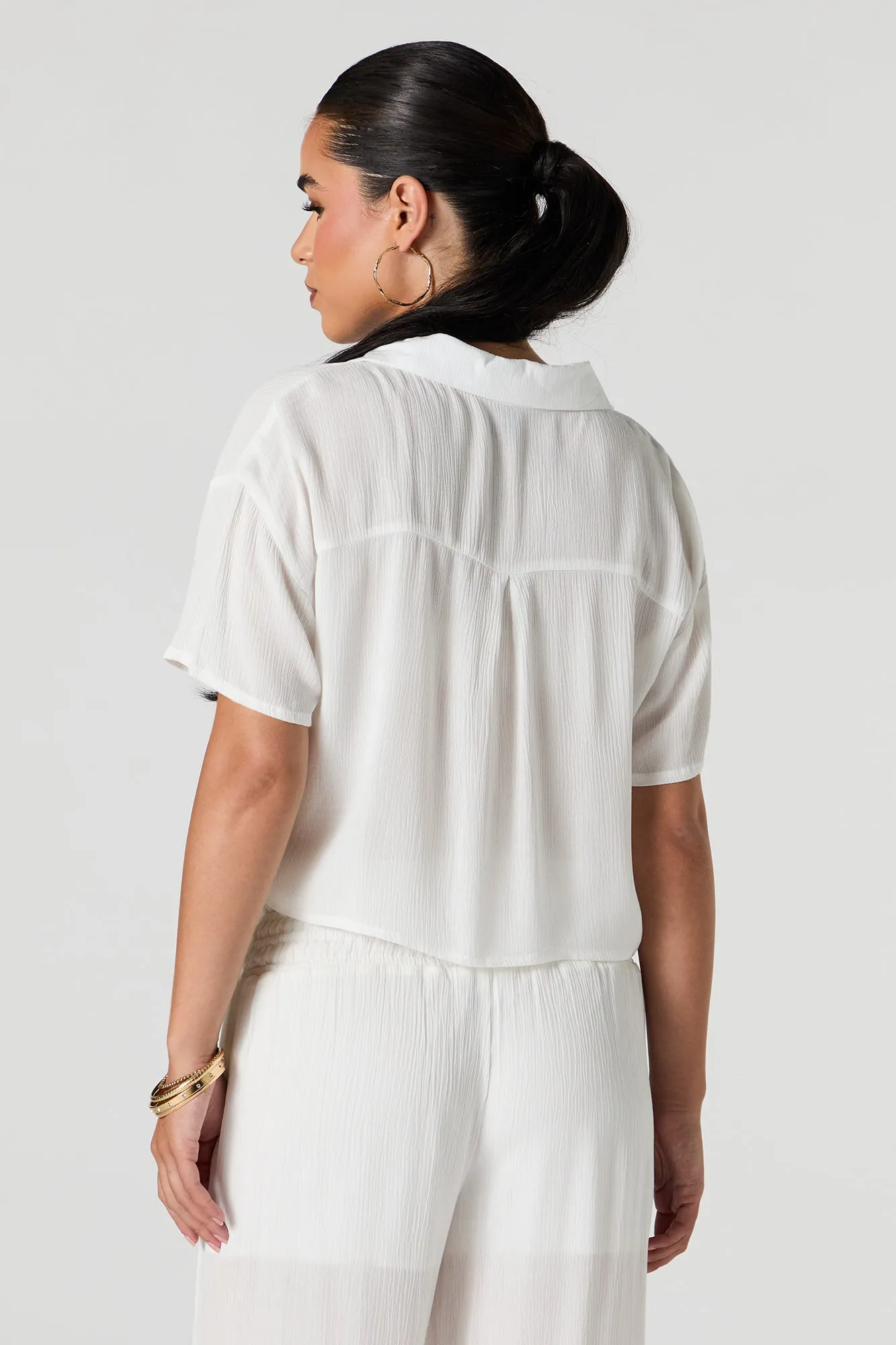 Textured Cropped Button-Up Top