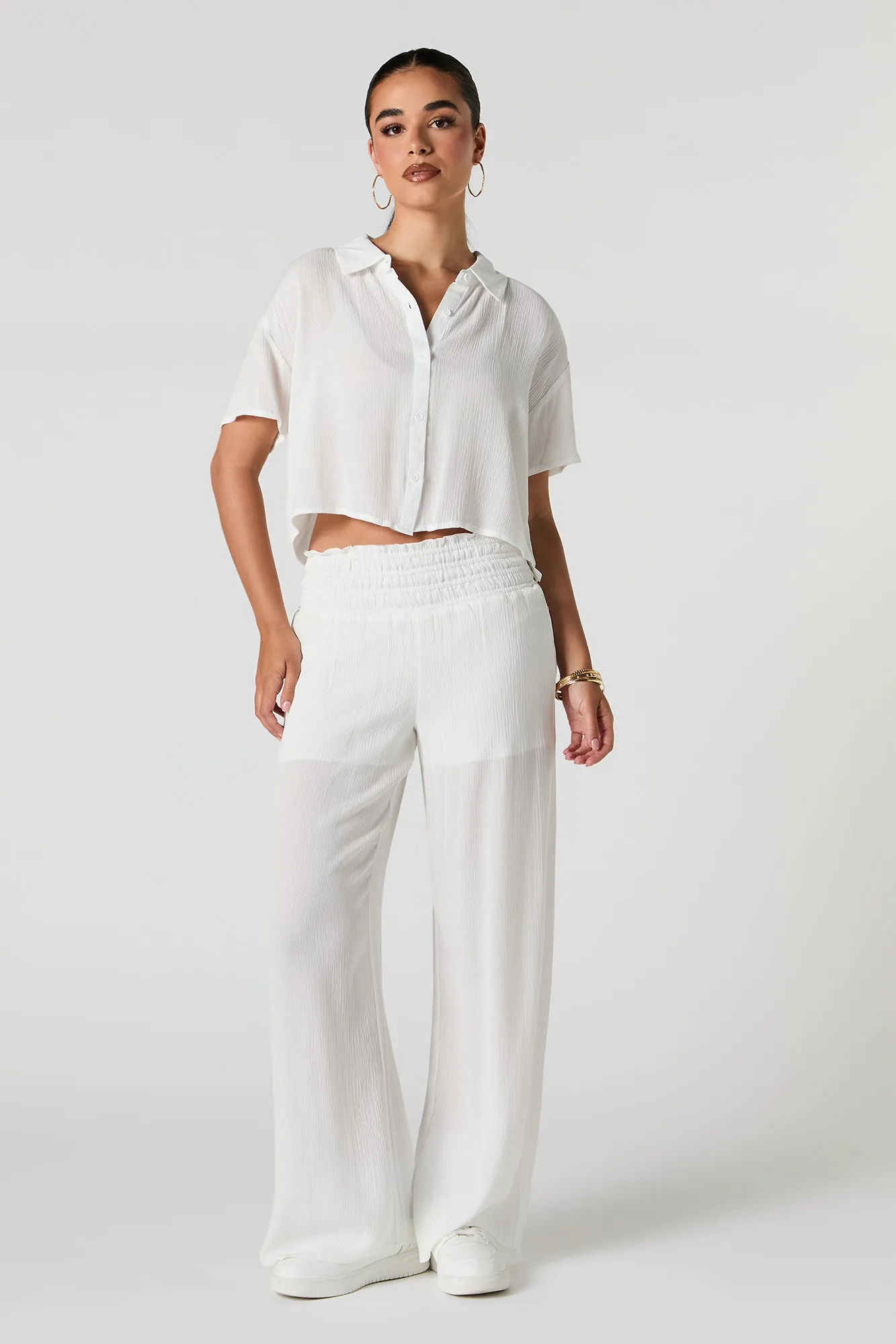 Textured Cropped Button-Up Top