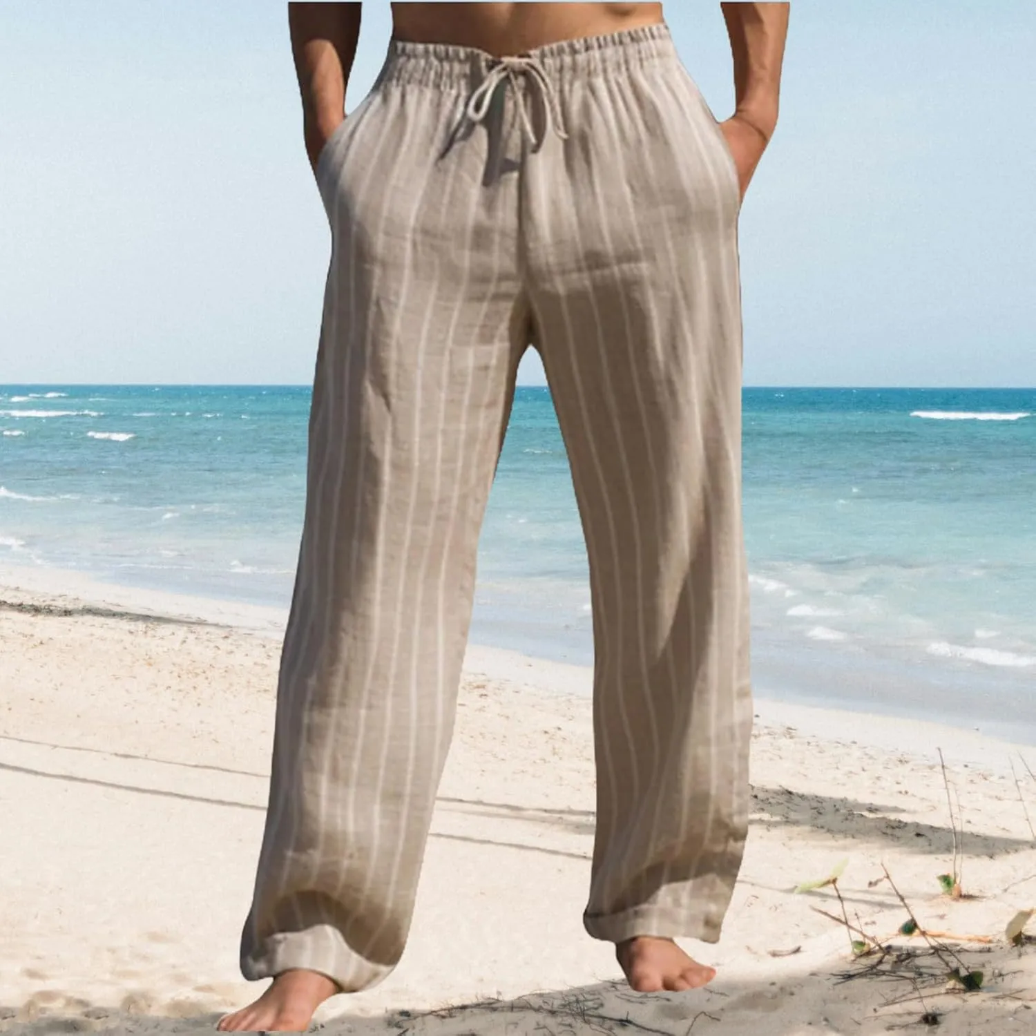 Thatrich Stretch Linen Pants Men Breathable Quick Dry Pant for Beach Jogging Yoga Elastic Waist Baggy Fit Trouser Comfy Slack