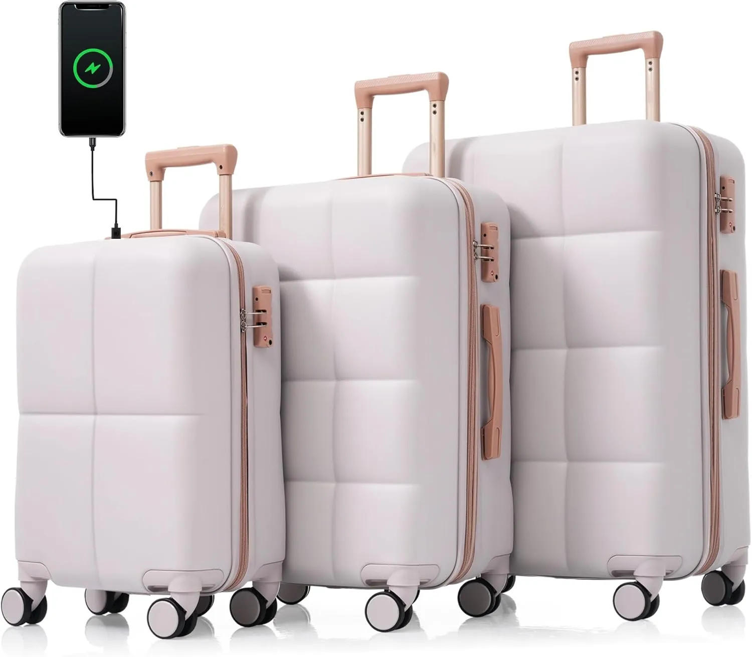 Travel Light with Versatile Luggage Set of 3, Airline Certified Carry-on with USB Port and Cup Holder, Light Grey