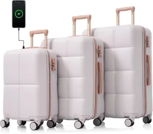 Travel Light with Versatile Luggage Set of 3, Airline Certified Carry-on with USB Port and Cup Holder, Light Grey