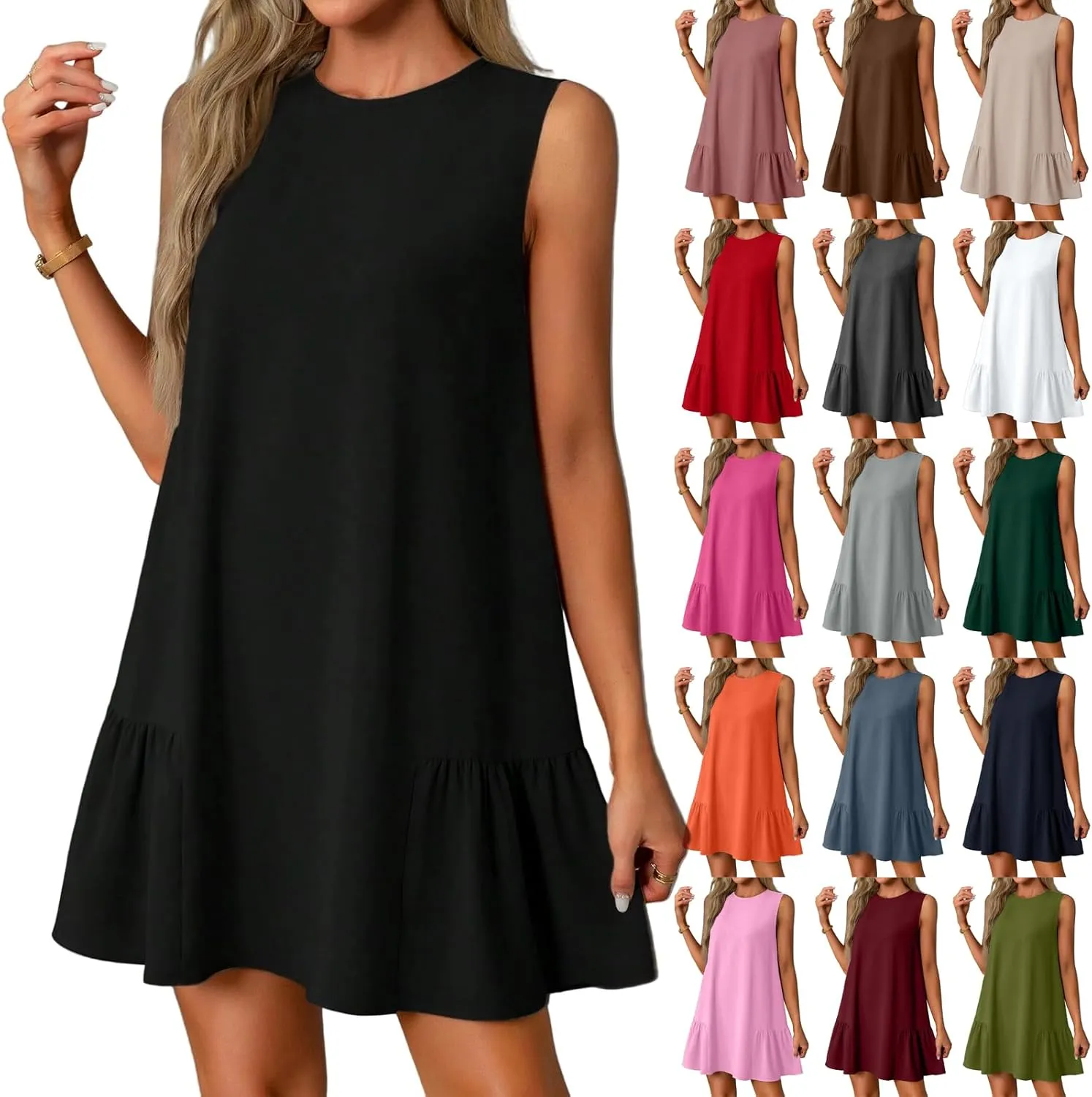 Tshirt Dress Women Summer Sleeveless Ruffle Hem Mini Dress Casual Crewneck T Shirt Dresses Cute Plain Sundresses 2025