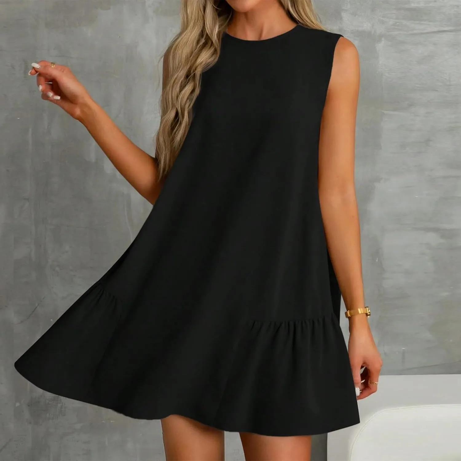 Tshirt Dress Women Summer Sleeveless Ruffle Hem Mini Dress Casual Crewneck T Shirt Dresses Cute Plain Sundresses 2025
