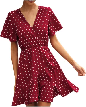 tuduoms Summer Ruffle Dress Cottagecore Disty Floral Short Sleeve Wrap V Neck A Line Flare Mini Dresses Casual Flowy Dresses