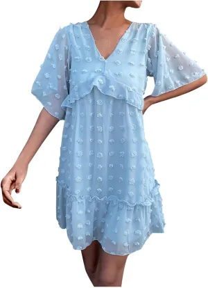 tuduoms Swiss Dot Dress Womens Summer Flowy Chiffon Shift Babydoll Dress V Neck Beach Casual Loose Ruffle Short Mini Dresses