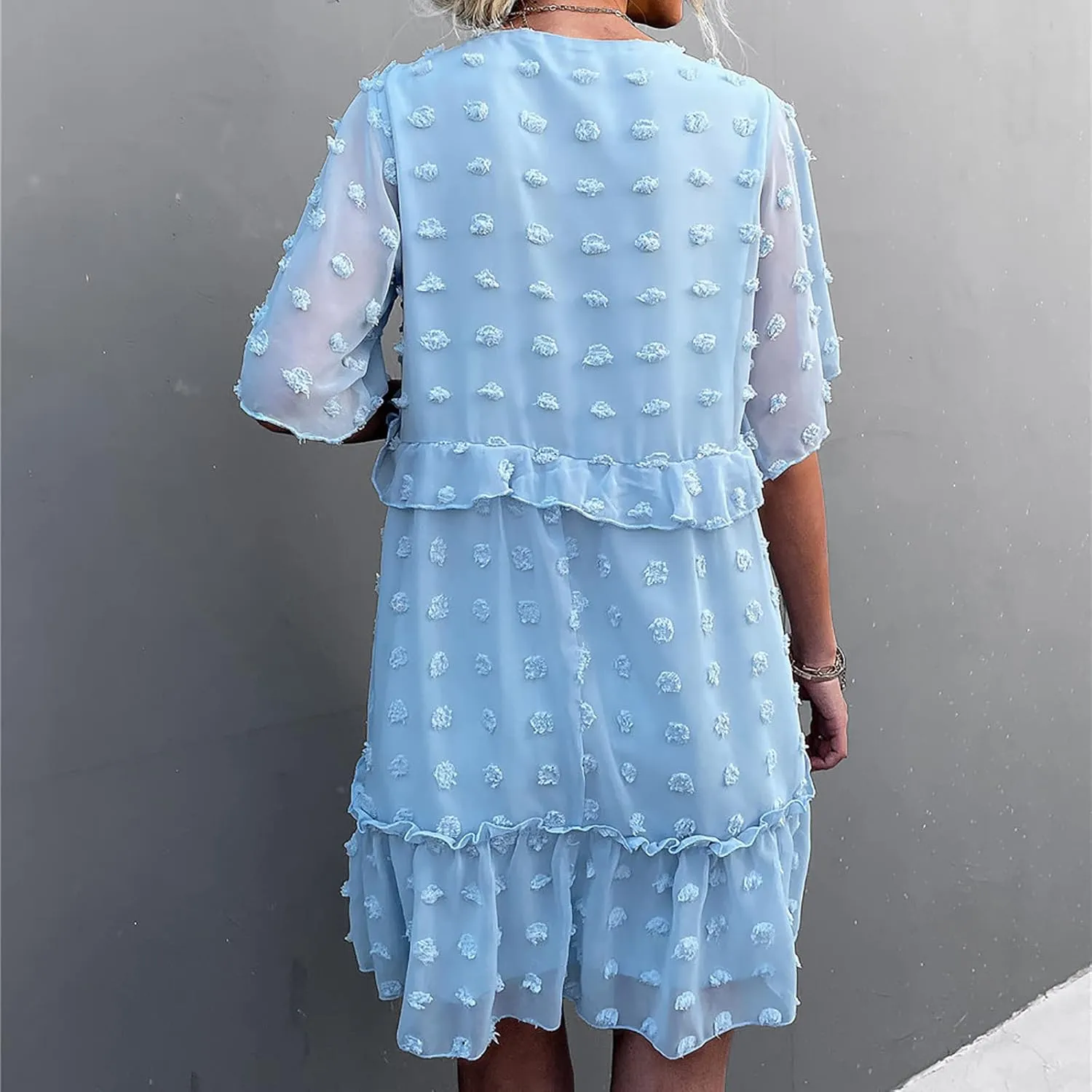tuduoms Swiss Dot Dress Womens Summer Flowy Chiffon Shift Babydoll Dress V Neck Beach Casual Loose Ruffle Short Mini Dresses