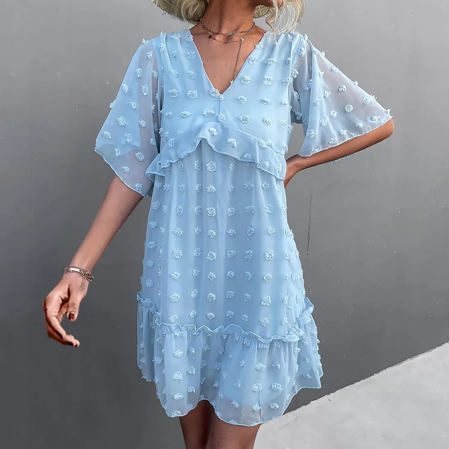 tuduoms Swiss Dot Dress Womens Summer Flowy Chiffon Shift Babydoll Dress V Neck Beach Casual Loose Ruffle Short Mini Dresses