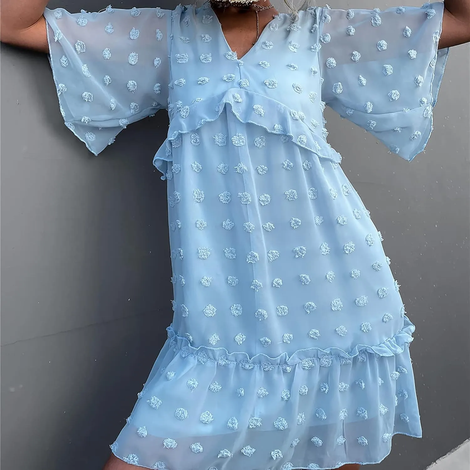 tuduoms Swiss Dot Dress Womens Summer Flowy Chiffon Shift Babydoll Dress V Neck Beach Casual Loose Ruffle Short Mini Dresses