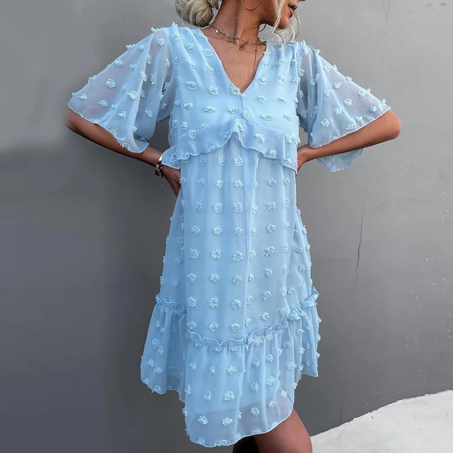 tuduoms Swiss Dot Dress Womens Summer Flowy Chiffon Shift Babydoll Dress V Neck Beach Casual Loose Ruffle Short Mini Dresses