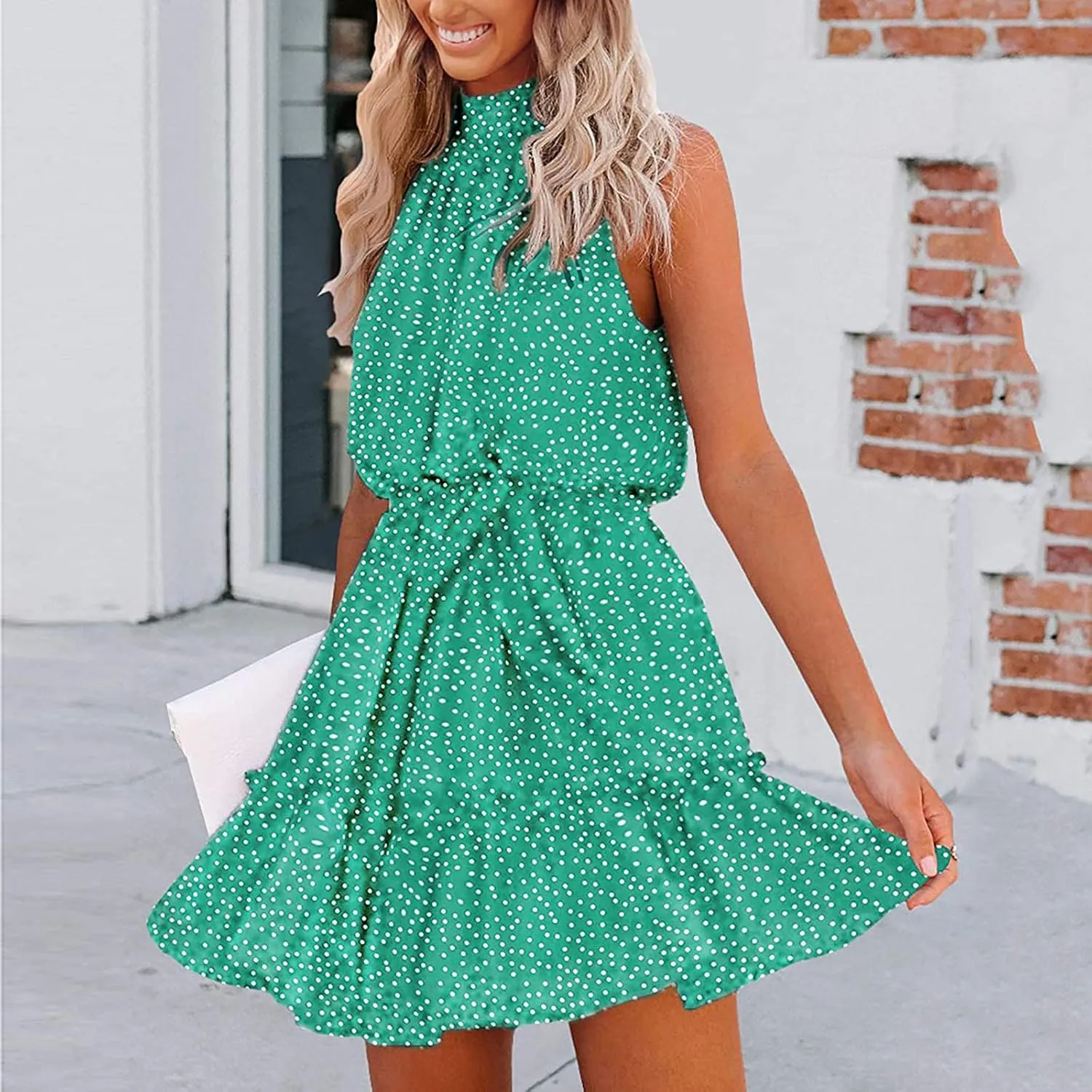 tuduoms Womens Boho Floral Dress Cute Ruffle Halter Neck Mini Dress Dot High Waist Party Beach A Line Swing Dresses with Belt