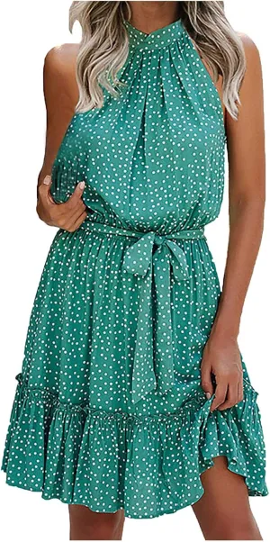 tuduoms Womens Boho Floral Dress Cute Ruffle Halter Neck Mini Dress Dot High Waist Party Beach A Line Swing Dresses with Belt
