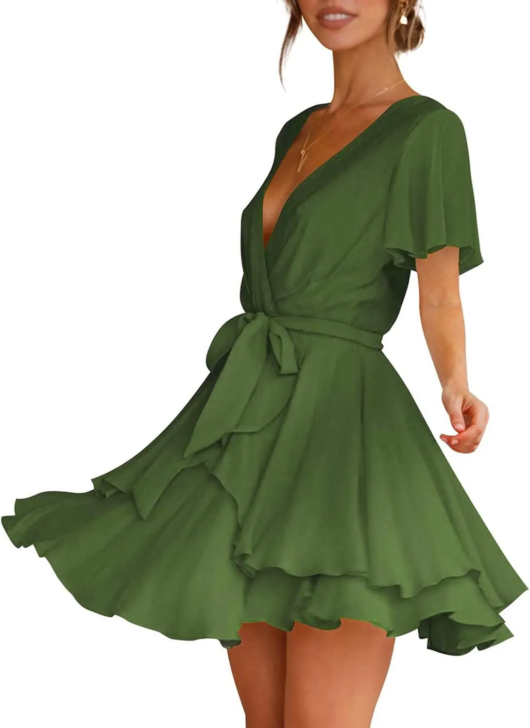 tuduoms Women's Waist Tie Ruffle Mini Dress Wrap V Neck Flowy Casual Summer Dress Short Sleeves Layered Beach Swing Dresses
