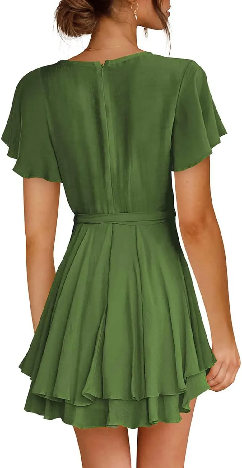 tuduoms Women's Waist Tie Ruffle Mini Dress Wrap V Neck Flowy Casual Summer Dress Short Sleeves Layered Beach Swing Dresses