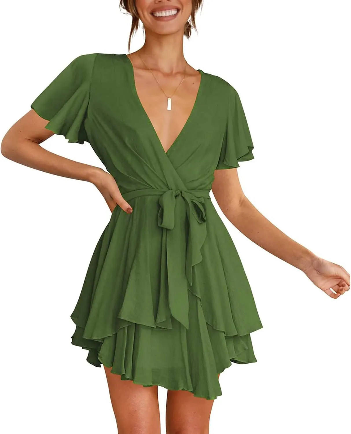 tuduoms Women's Waist Tie Ruffle Mini Dress Wrap V Neck Flowy Casual Summer Dress Short Sleeves Layered Beach Swing Dresses