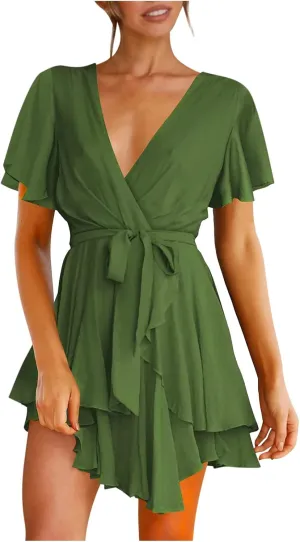 tuduoms Women's Waist Tie Ruffle Mini Dress Wrap V Neck Flowy Casual Summer Dress Short Sleeves Layered Beach Swing Dresses