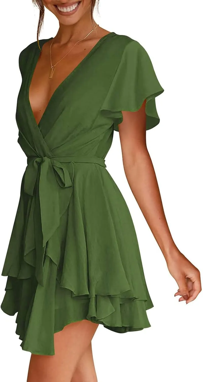 tuduoms Women's Waist Tie Ruffle Mini Dress Wrap V Neck Flowy Casual Summer Dress Short Sleeves Layered Beach Swing Dresses