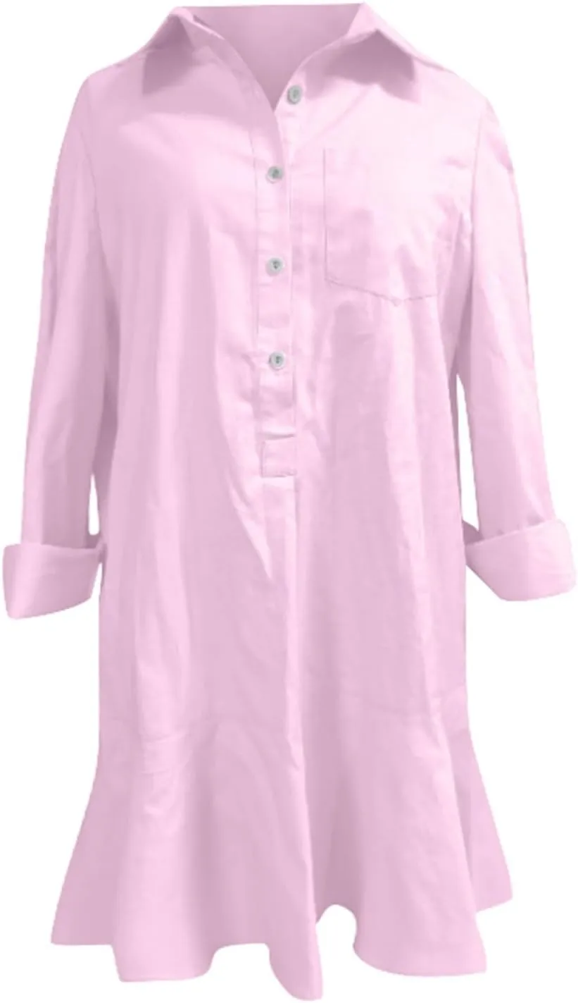 Tunic Mini Shirt Dress for Women Button Up Long Sleeve Dress Chambray Callahan Ruffle Flowy Casual Dresses
