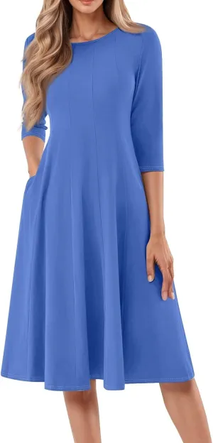 TWGONE 3/4 Sleeve Fit and Flare Dresses for Women Solid Color A Line Flowy Dress Crew Neck Casual Midi Dress with Pockets
