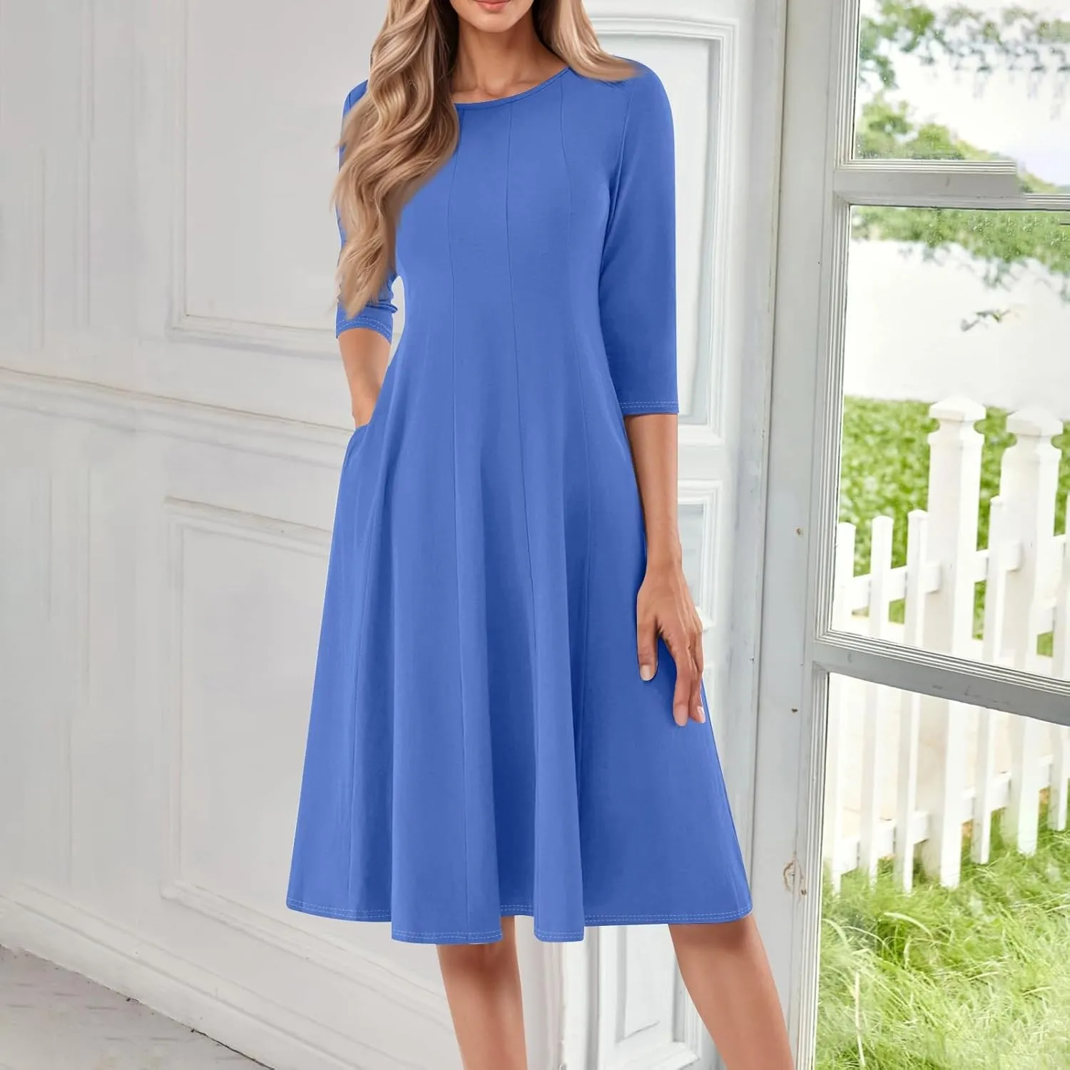 TWGONE 3/4 Sleeve Fit and Flare Dresses for Women Solid Color A Line Flowy Dress Crew Neck Casual Midi Dress with Pockets