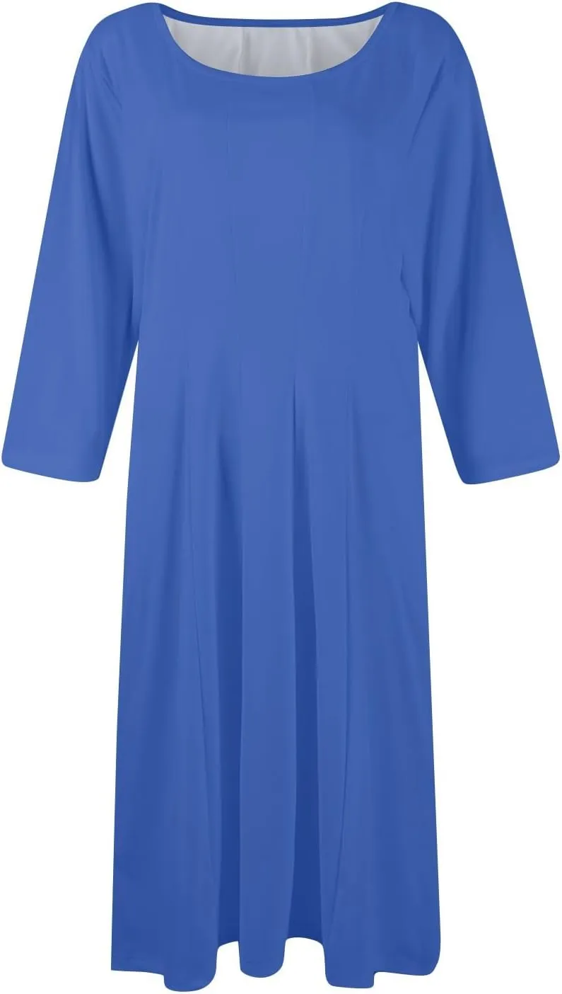 TWGONE 3/4 Sleeve Fit and Flare Dresses for Women Solid Color A Line Flowy Dress Crew Neck Casual Midi Dress with Pockets