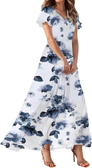 TWGONE Maxi Dresses for Women 2025 Summer Casual Trendy Floral Boho Dress V Neck Short Sleeve Chiffon Flowy Beach Dresses