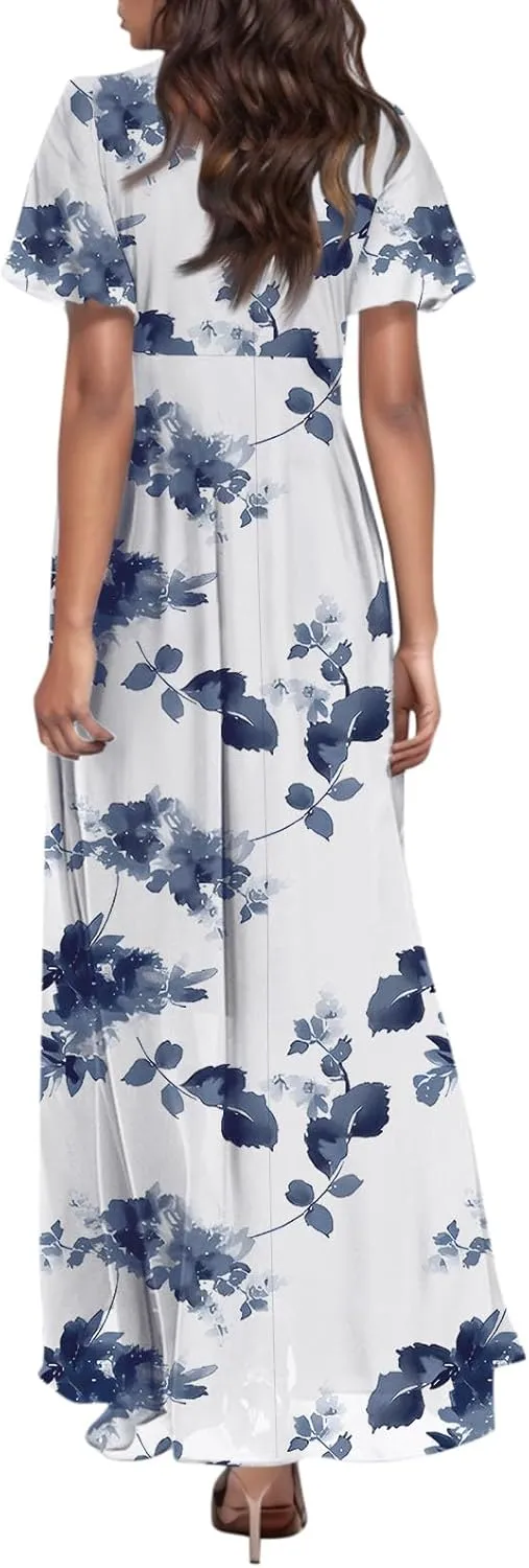 TWGONE Maxi Dresses for Women 2025 Summer Casual Trendy Floral Boho Dress V Neck Short Sleeve Chiffon Flowy Beach Dresses