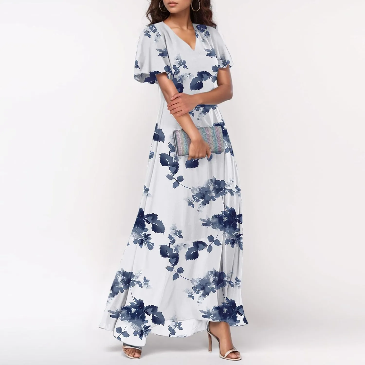 TWGONE Maxi Dresses for Women 2025 Summer Casual Trendy Floral Boho Dress V Neck Short Sleeve Chiffon Flowy Beach Dresses