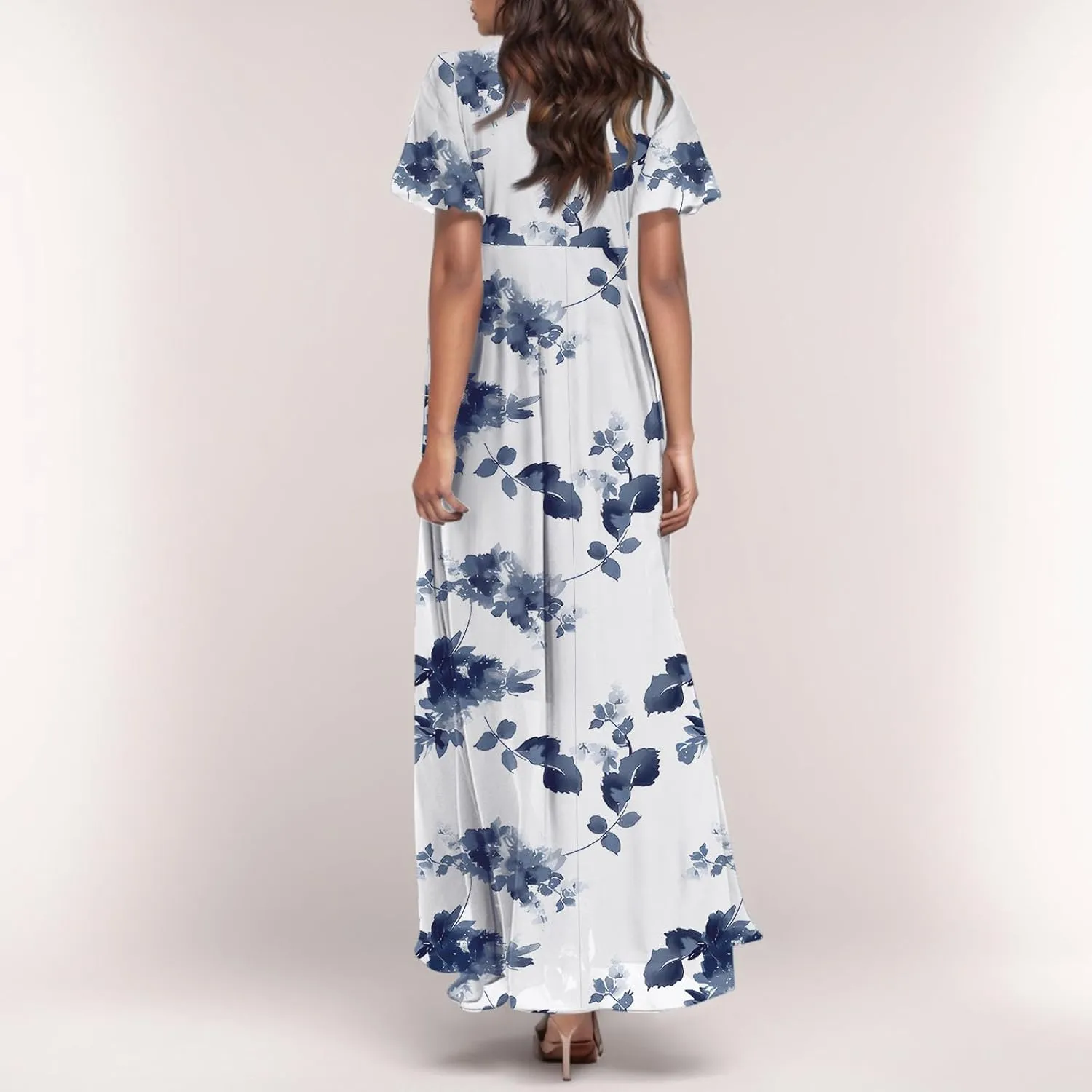 TWGONE Maxi Dresses for Women 2025 Summer Casual Trendy Floral Boho Dress V Neck Short Sleeve Chiffon Flowy Beach Dresses