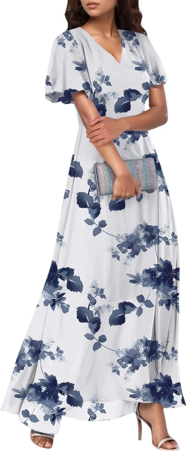 TWGONE Maxi Dresses for Women 2025 Summer Casual Trendy Floral Boho Dress V Neck Short Sleeve Chiffon Flowy Beach Dresses
