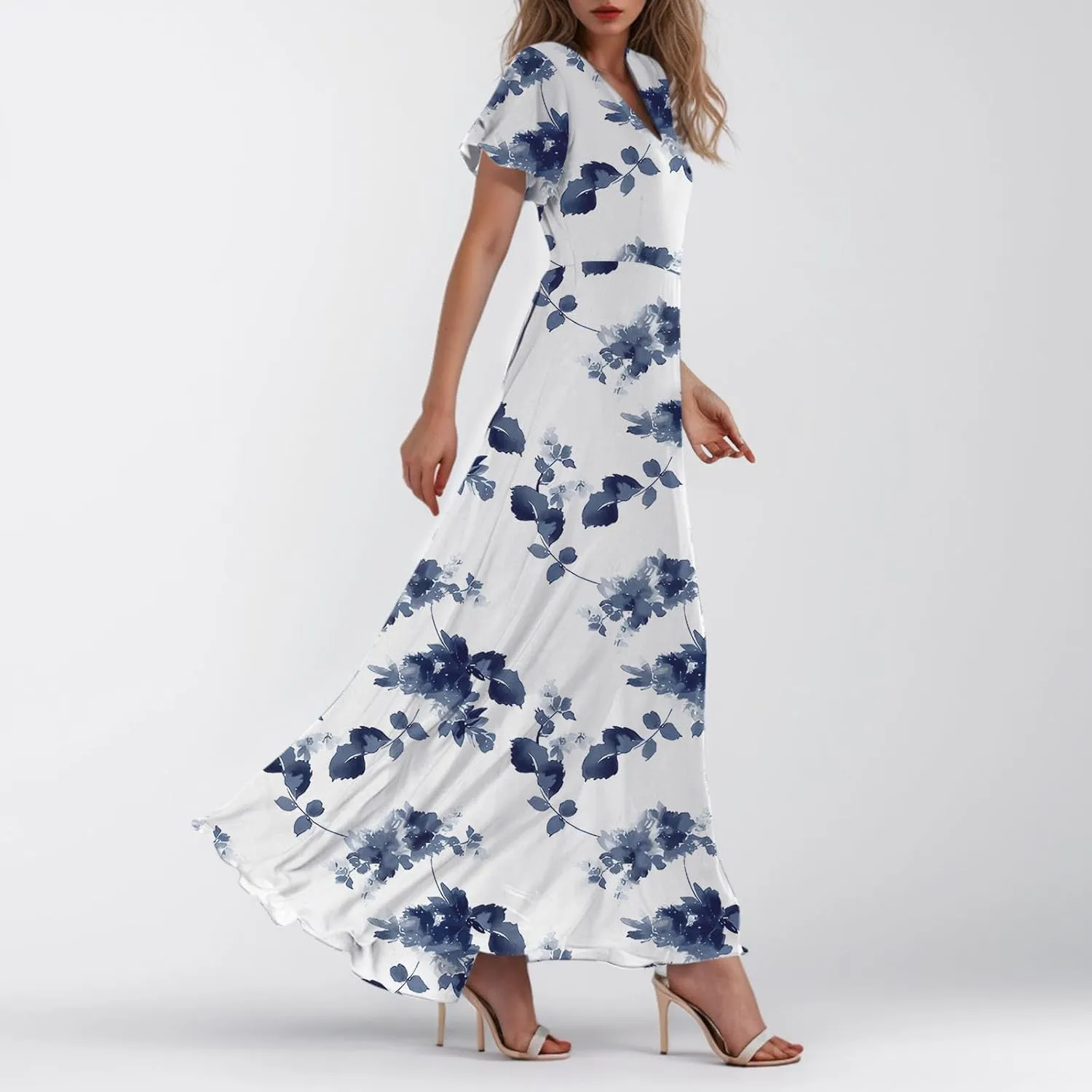 TWGONE Maxi Dresses for Women 2025 Summer Casual Trendy Floral Boho Dress V Neck Short Sleeve Chiffon Flowy Beach Dresses