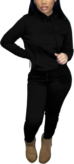 Two Piece Outfits For Women Casual Long Sleeve Hoodie Sweatshirts Jogger Sweatpants Tracksuit Sweatsuit Lounge Sets-Black-M