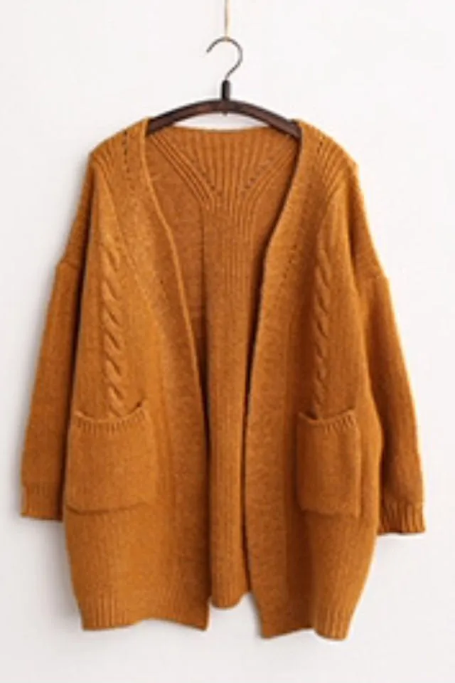 V-neck Knit Cable Pockets Pure Color Long Cardigan