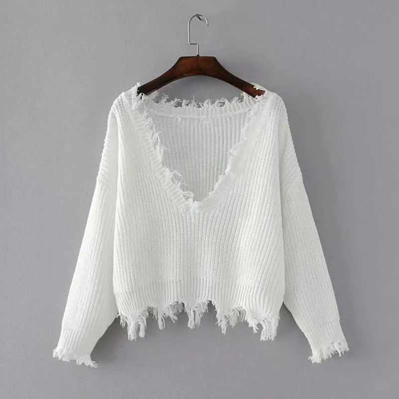 V-neck Pure Color Long Sleeves Irregular Short Sweater