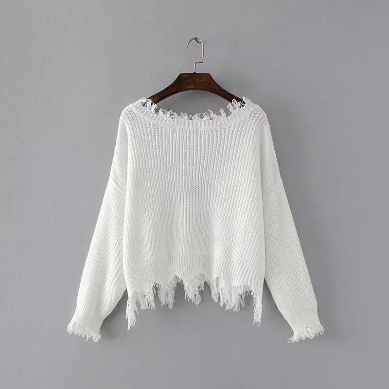 V-neck Pure Color Long Sleeves Irregular Short Sweater
