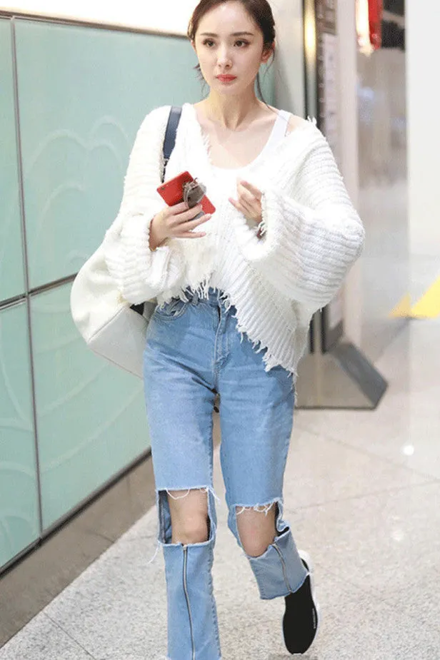 V-neck Pure Color Long Sleeves Irregular Short Sweater