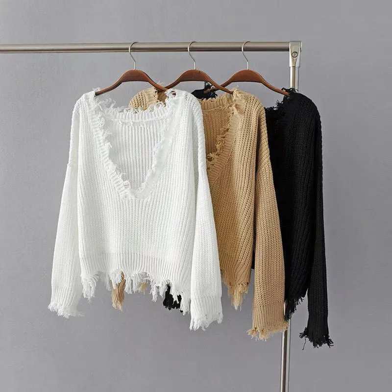 V-neck Pure Color Long Sleeves Irregular Short Sweater