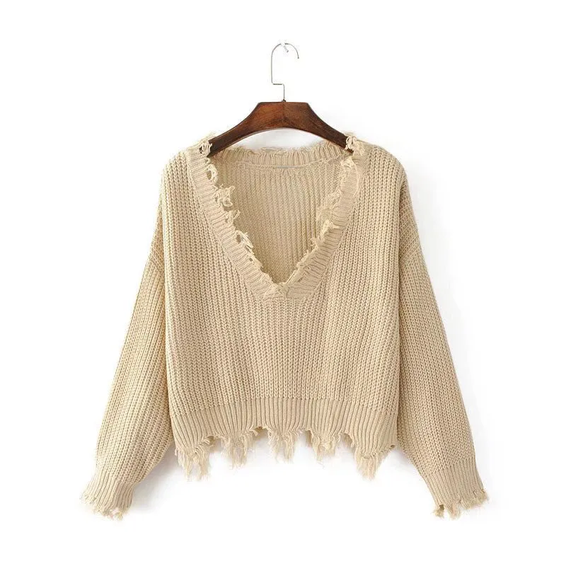 V-neck Pure Color Long Sleeves Irregular Short Sweater