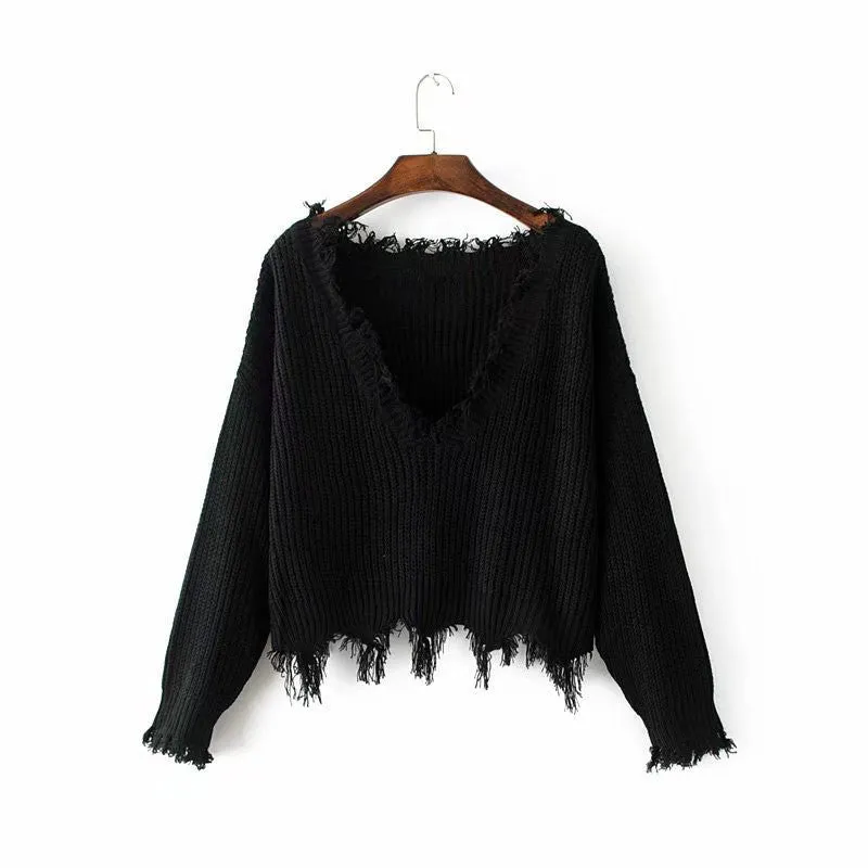 V-neck Pure Color Long Sleeves Irregular Short Sweater