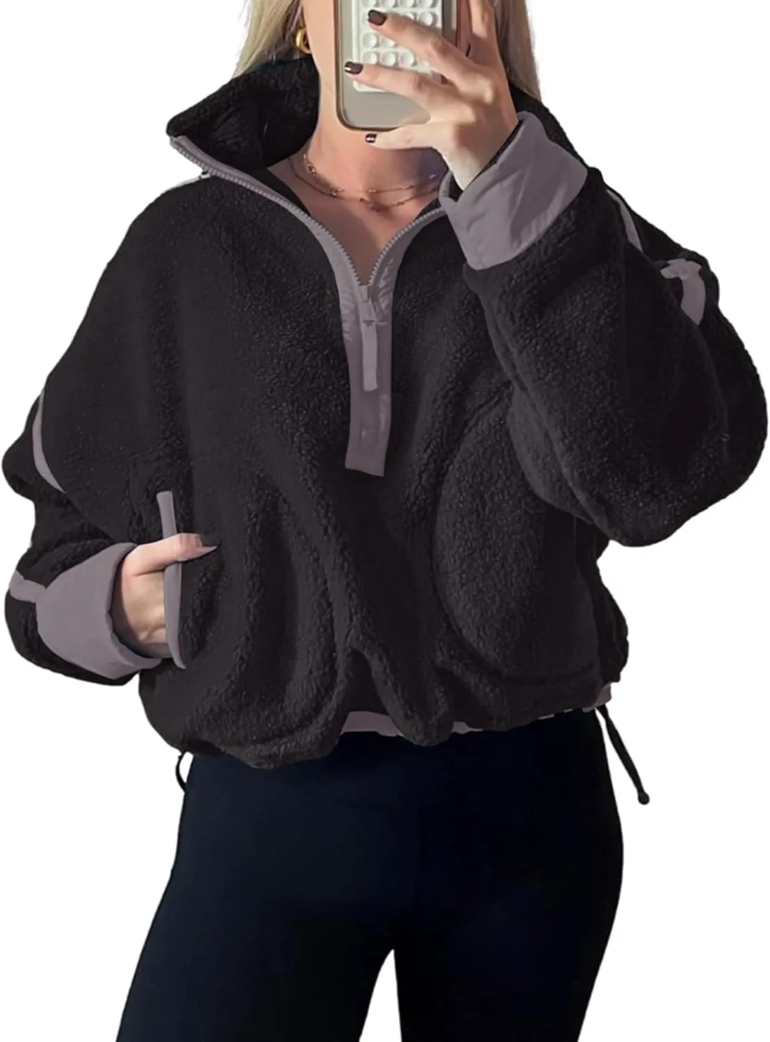 VAOYIU Womens Fleece Sweatshirts Half Zip Pullover Long Sleeve Pullover Tops Oversized Workout Fuzzy Hoodie
