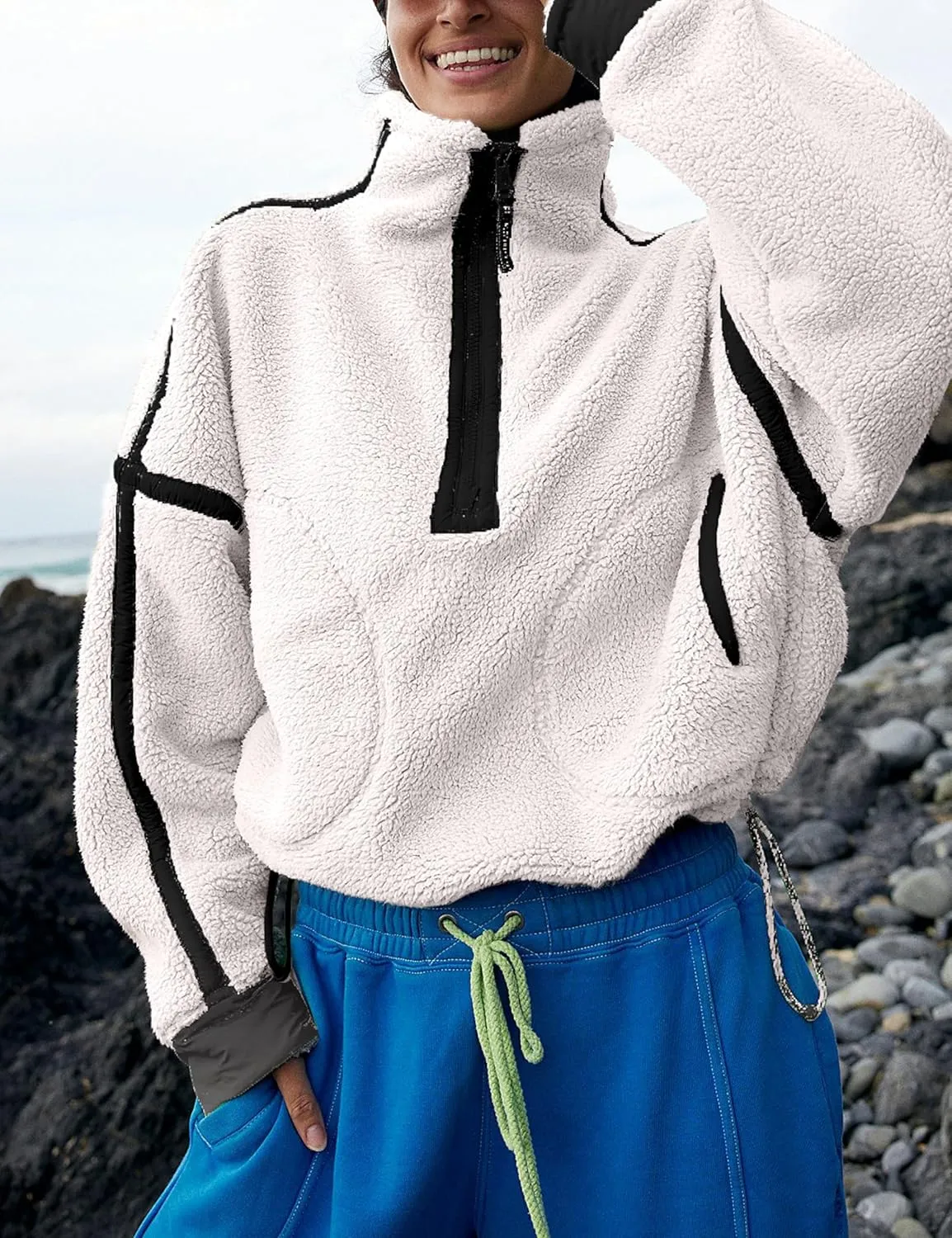VAOYIU Womens Fleece Sweatshirts Half Zip Pullover Long Sleeve Pullover Tops Oversized Workout Fuzzy Hoodie