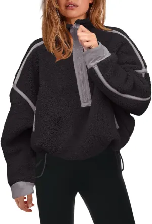 VAOYIU Womens Fleece Sweatshirts Half Zip Pullover Long Sleeve Pullover Tops Oversized Workout Fuzzy Hoodie