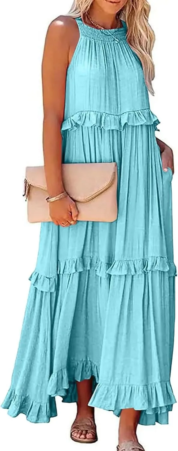 Wedding Guest Dresses for Women Sexy Halter Flowy Swing Maxi Dress Tiered Pleated Elegant Cocktail Formal Long Dress