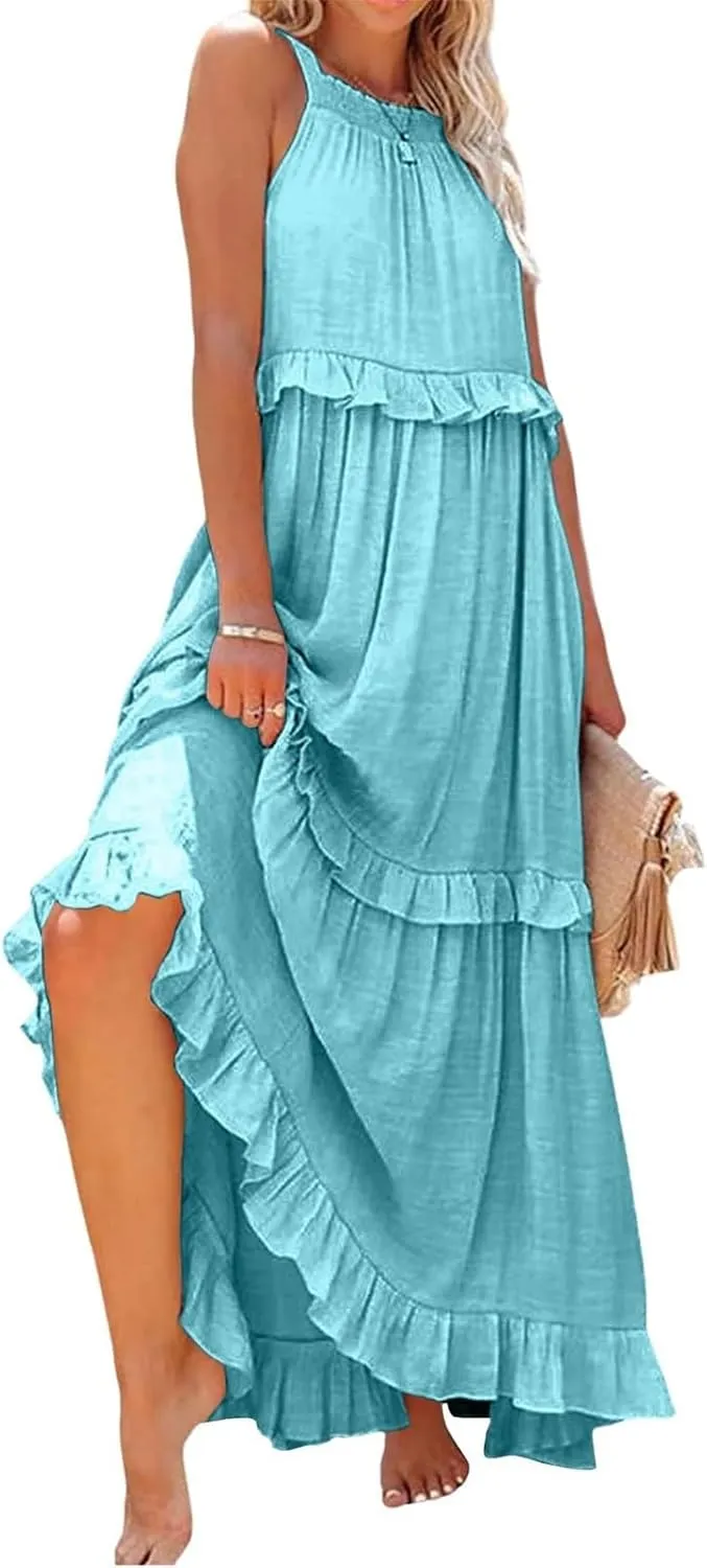 Wedding Guest Dresses for Women Sexy Halter Flowy Swing Maxi Dress Tiered Pleated Elegant Cocktail Formal Long Dress