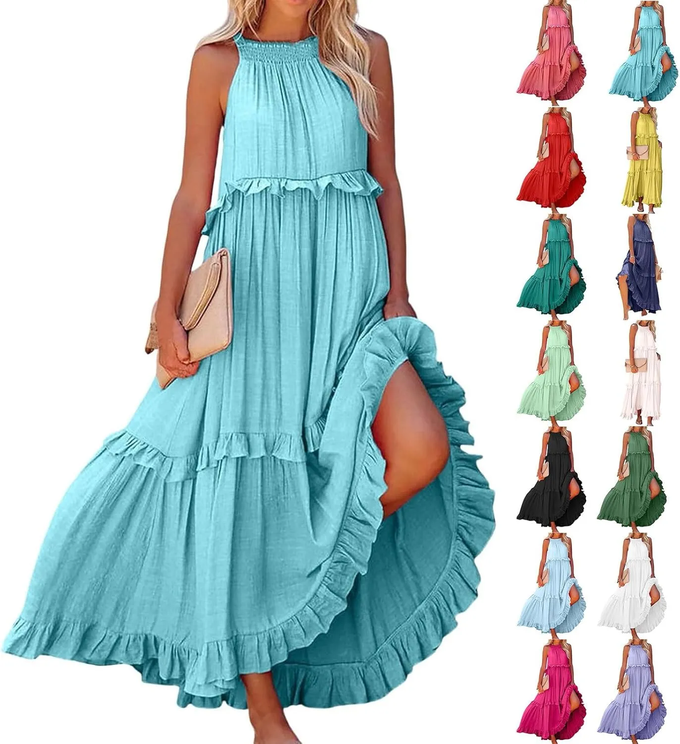 Wedding Guest Dresses for Women Sexy Halter Flowy Swing Maxi Dress Tiered Pleated Elegant Cocktail Formal Long Dress